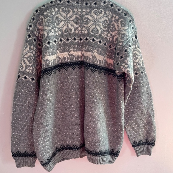 Vintage Fairisle Gray Navy Wool Cardigan Sweater Womens Deer Nordic Cabincore - Picture 7 of 11